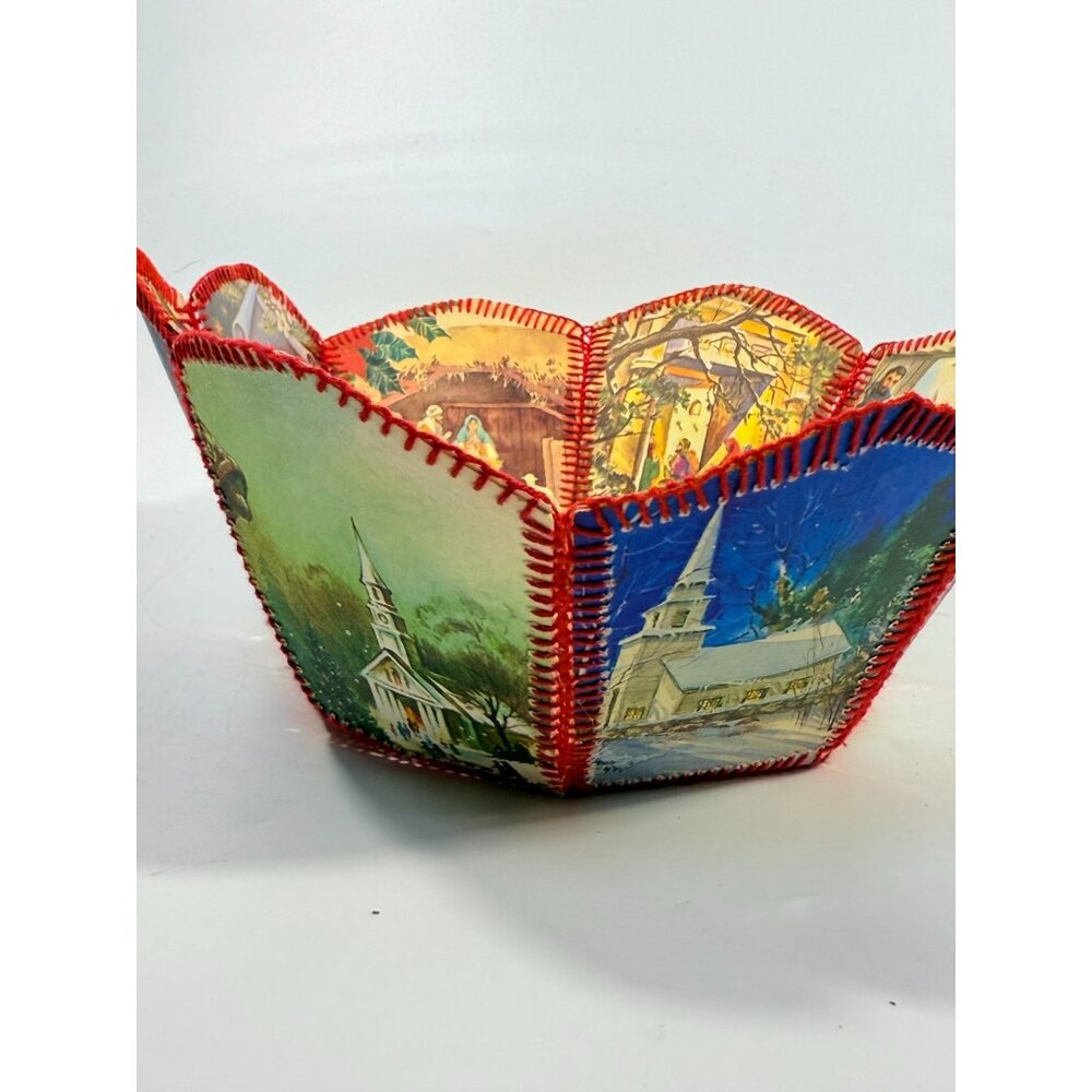 Christmas Card Basket Vintage Handmade Crochet Greeting Card Basket Bowl Christm - Picture 7 of 16